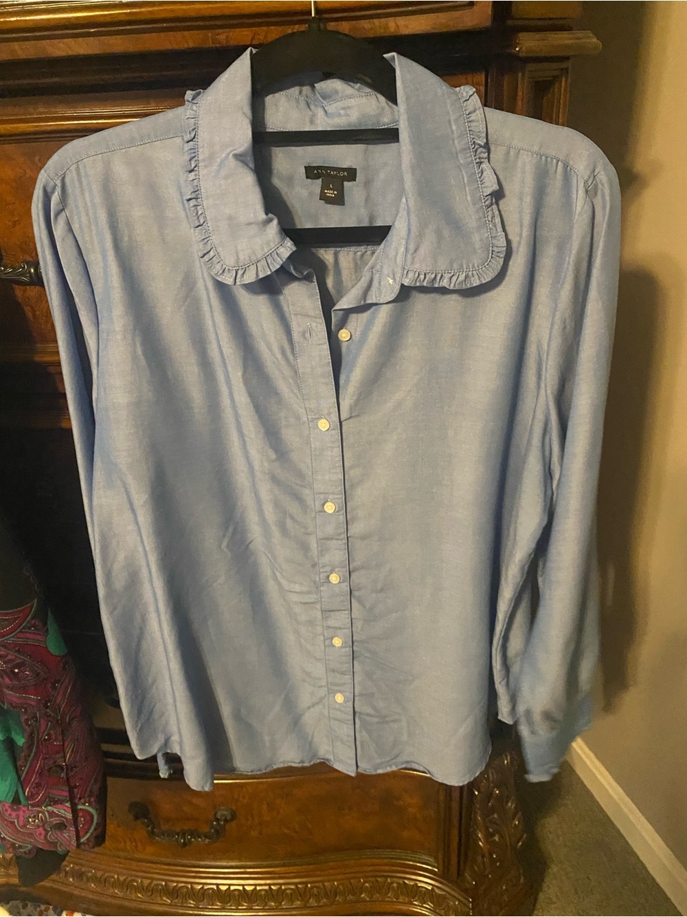 Ann Taylor Blue Button Down Ruffle Collar Blouse